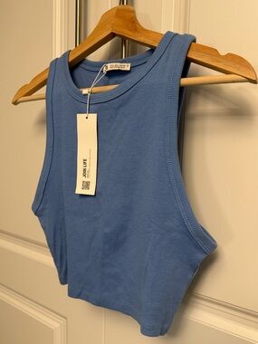 Zara Ribbed Crop Tank Top Blue Sleeveless Stretch Cotton NWT Size L